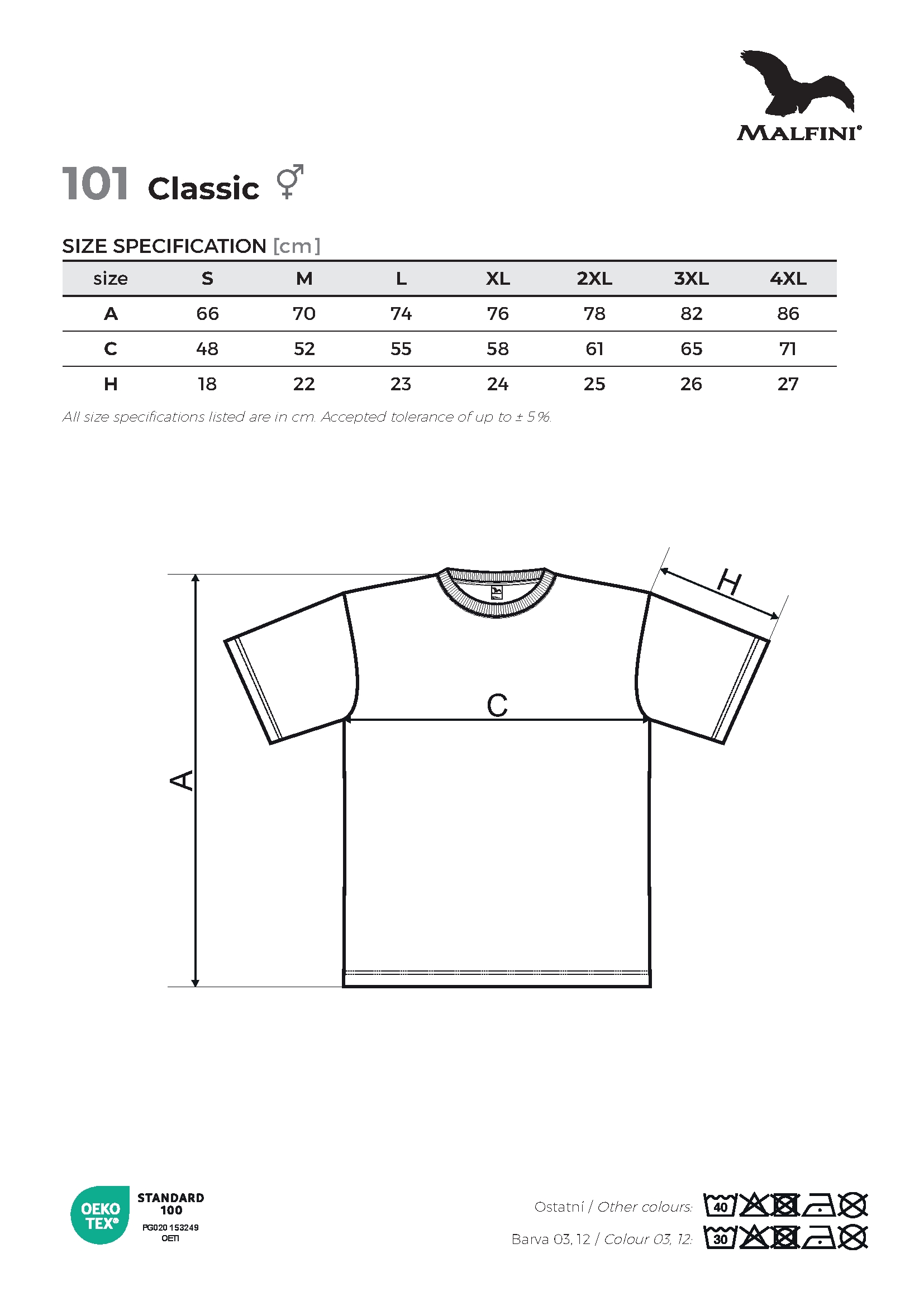 Tabulka velikostí produktu Tričko unisex Classic 101 bílá