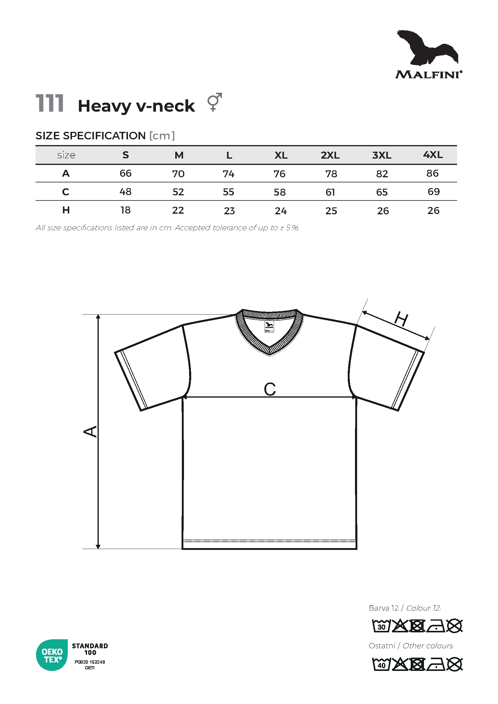 Tabulka velikostí produktu Tričko unisex Heavy V-neck 111 bílá