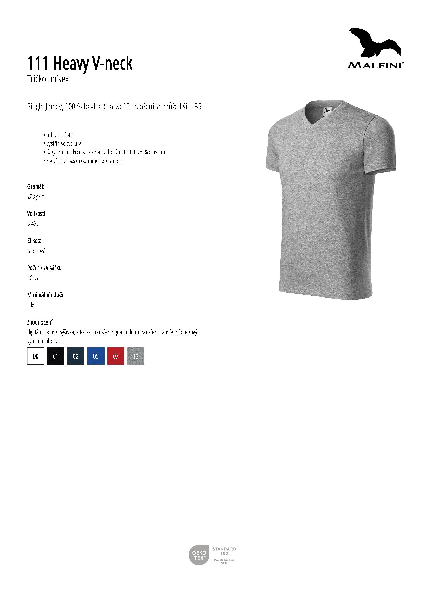 Karta produktu Tričko unisex Heavy V-neck 111 bílá