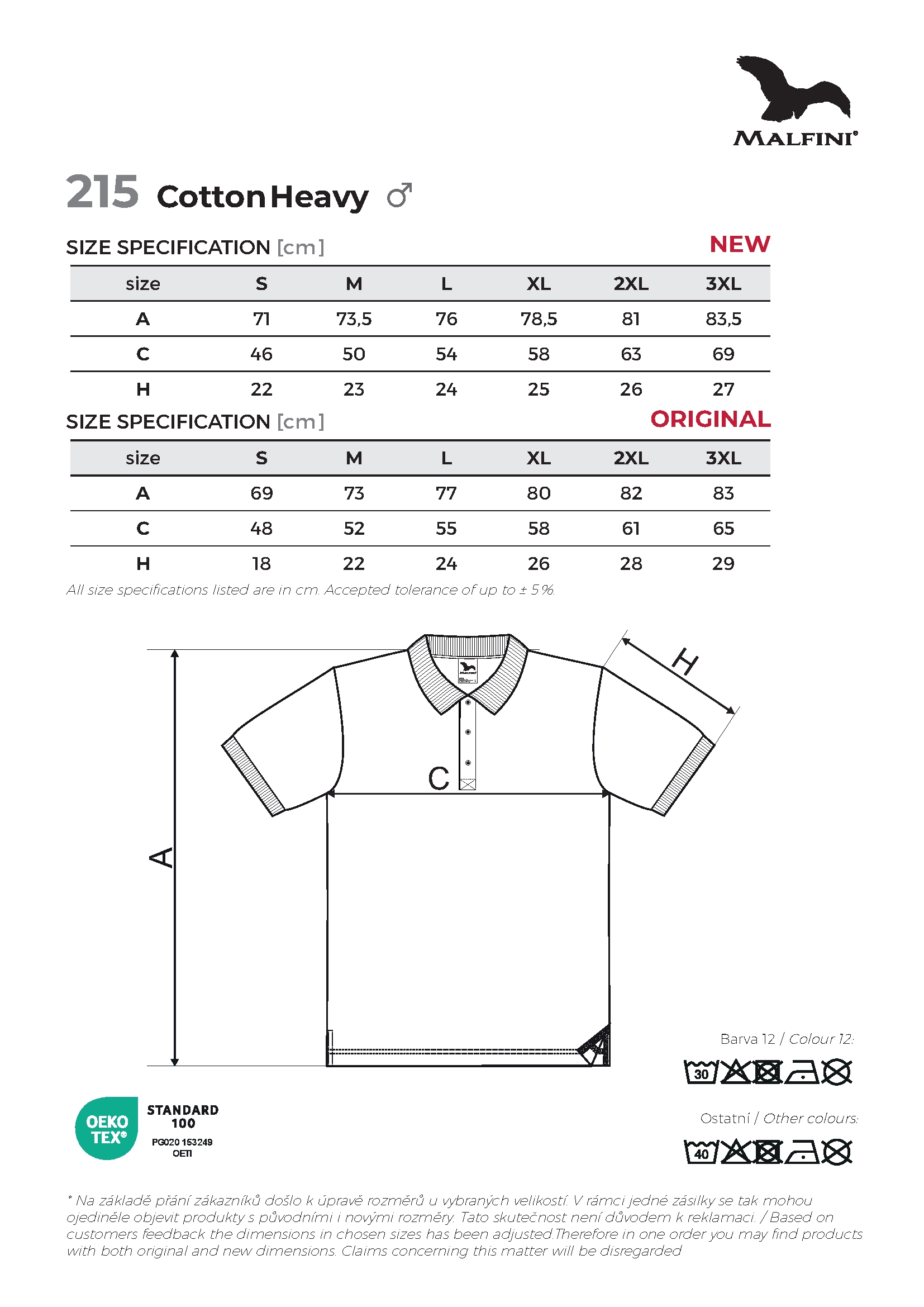 Tabulka velikostí produktu Polokošile pánská Cotton Heavy 215 bílá