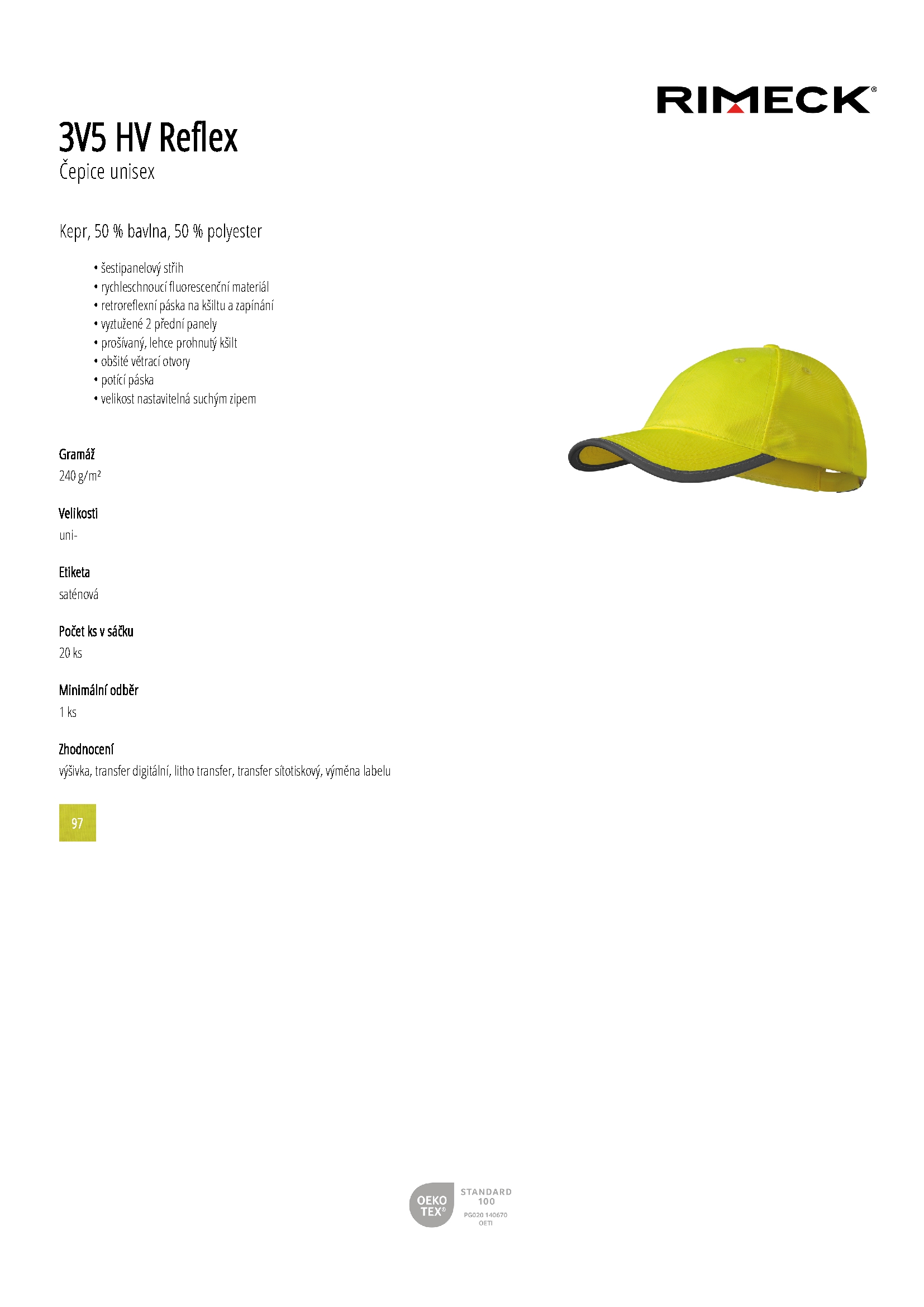 Karta produktu Čepice unisex HV Reflex 3V5 fluorescenční žlutá