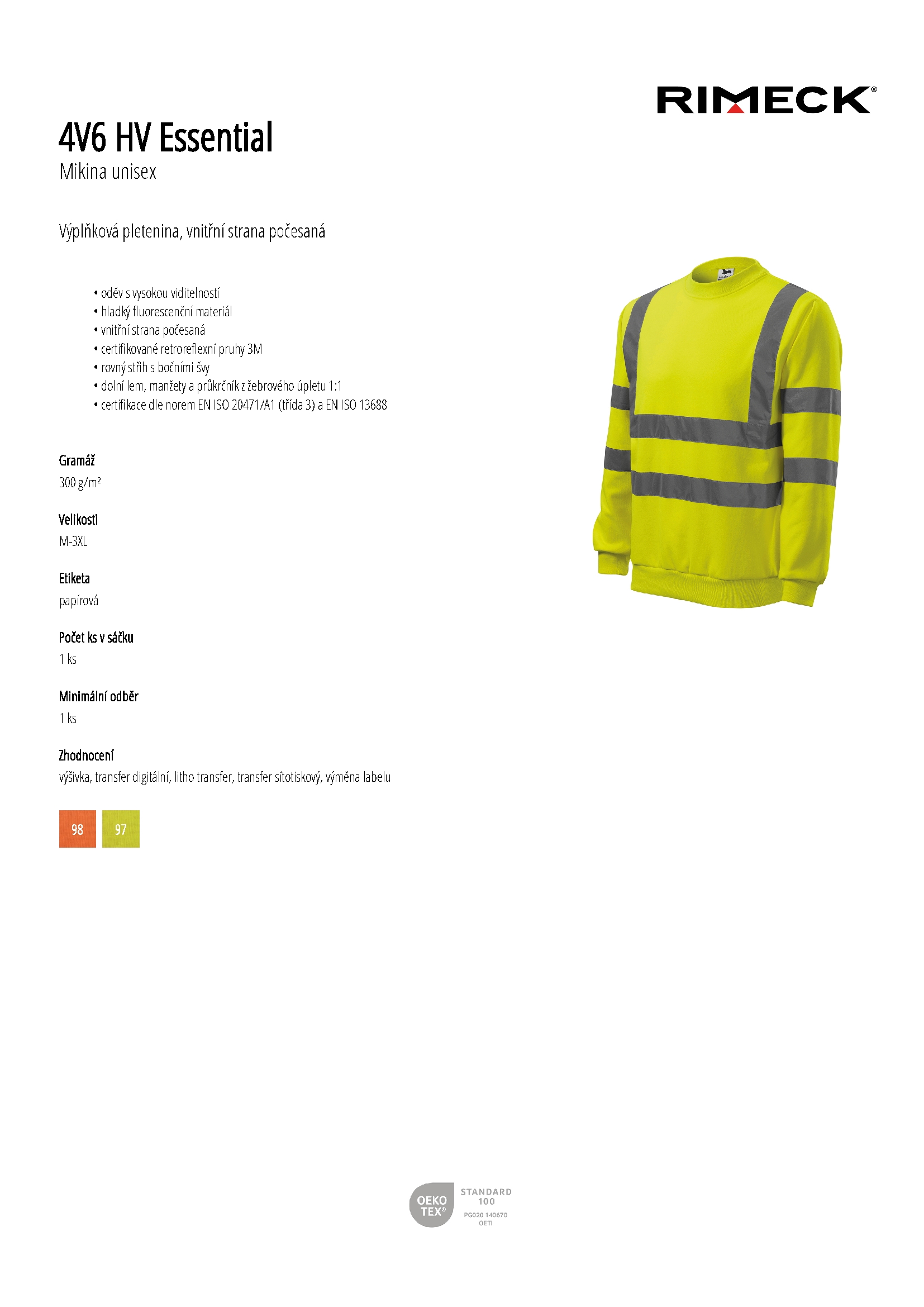 Karta produktu Mikina unisex HV Essential 4V6 fluorescenční žlutá