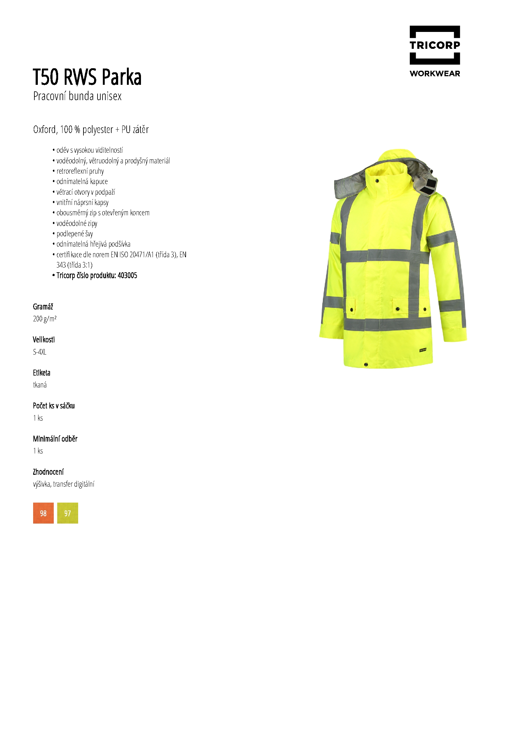 Karta produktu Pracovní bunda unisex RWS Parka T50 fluorescenční oranžová