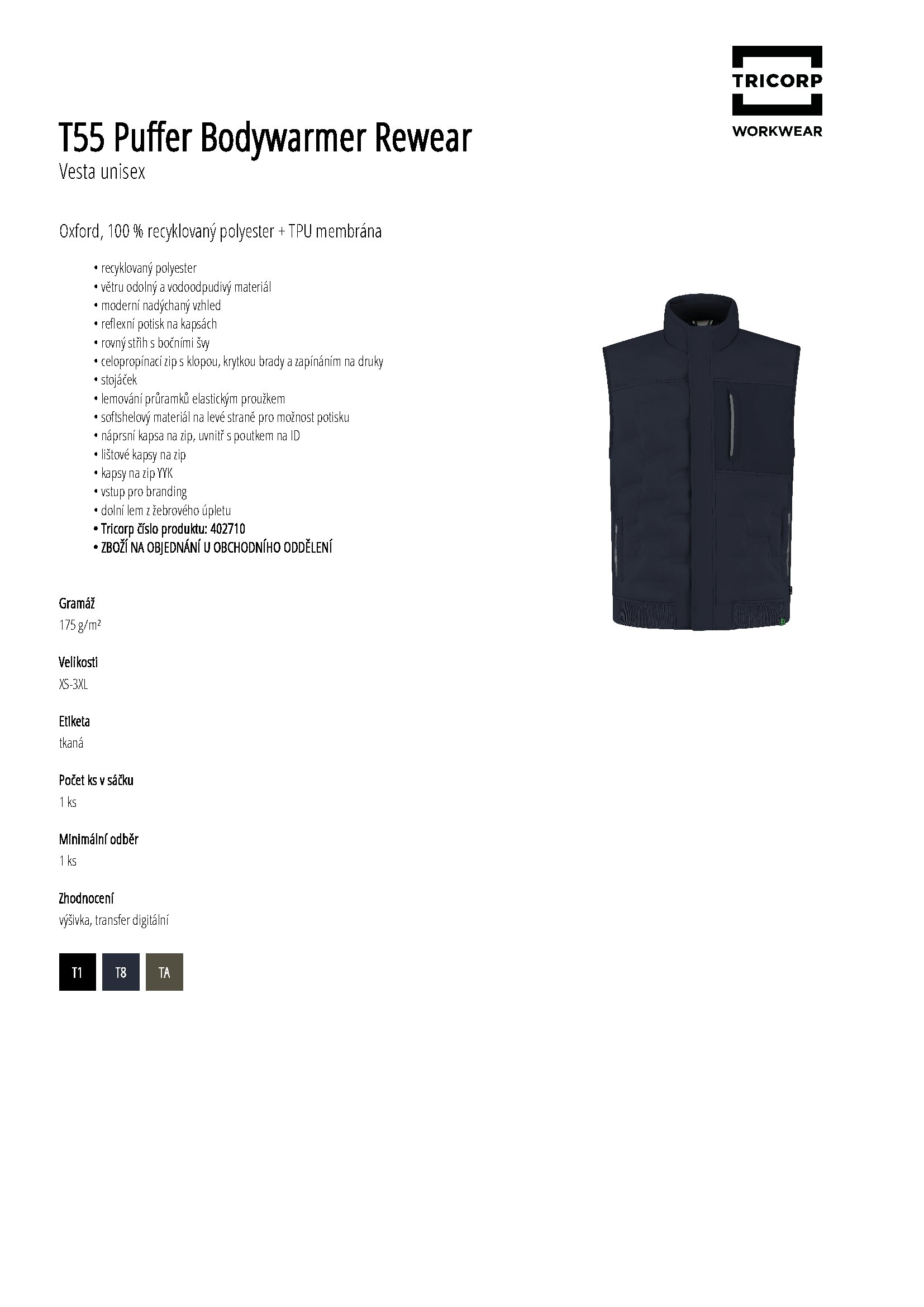 Karta produktu Vesta unisex Puffer Bodywarmer Rewear T55 ink